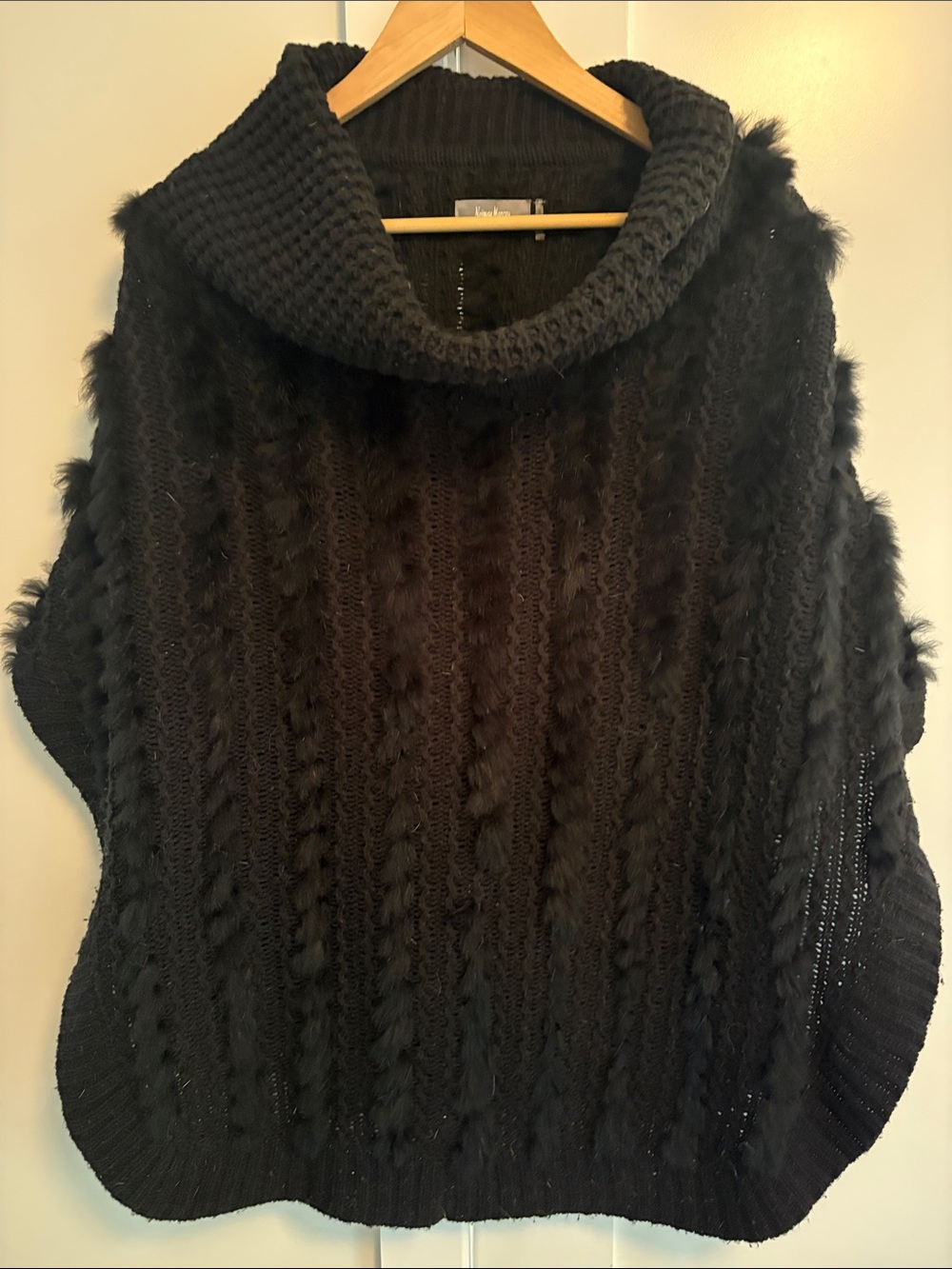 Neiman Marcus Black Cowl-Neck Cable Knit Poncho with fur trim